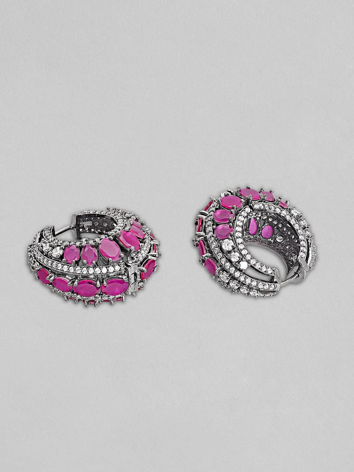Rubans Rhodium Plated Premium Pink Zircons Studded Party Wear Statement Hoop Earrings Earrings