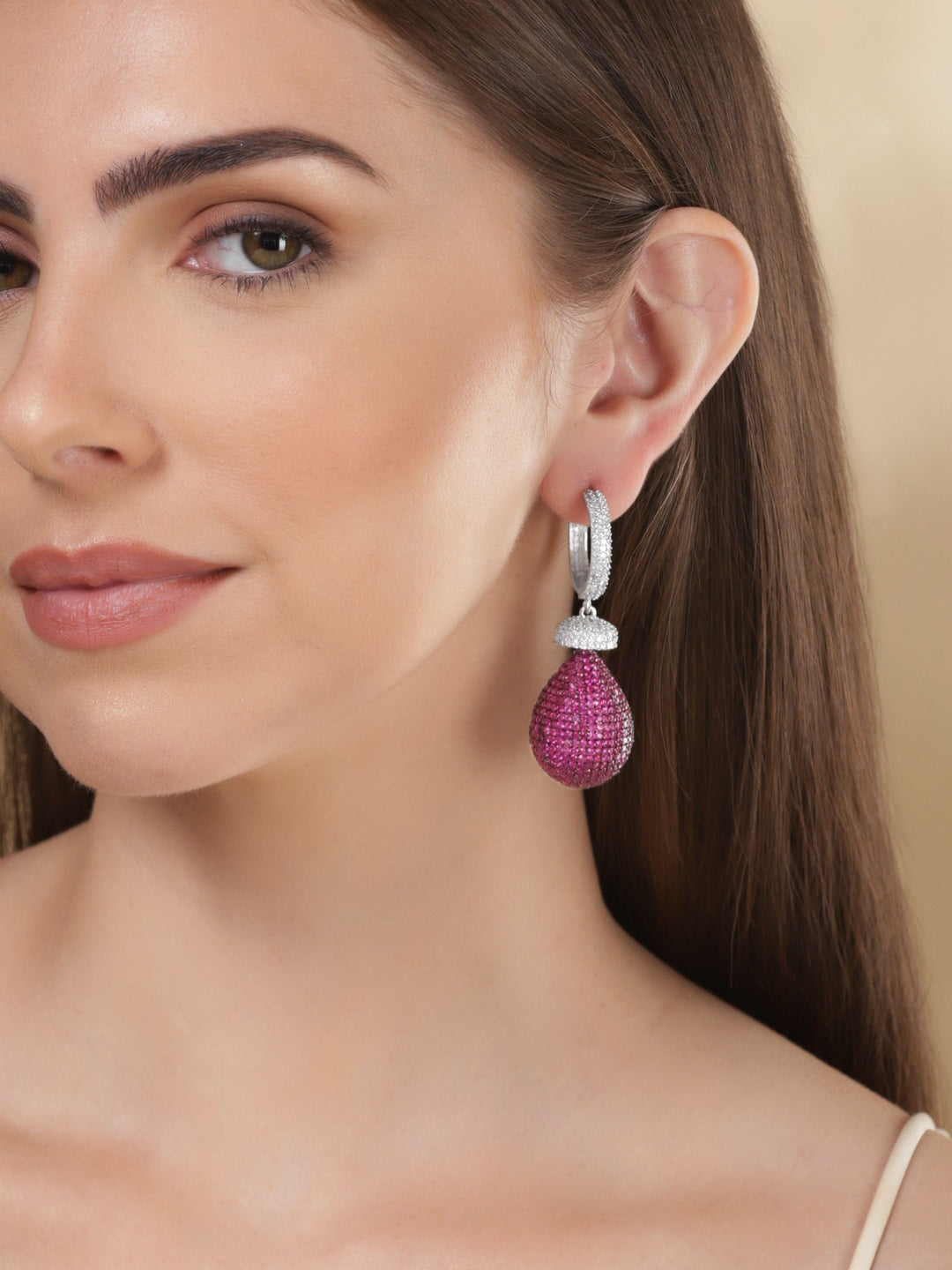 Rubans Rhodium Plated Premium Ruby Pave Zircons Drop Earring Earrings