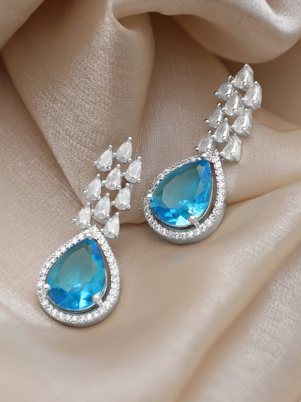 Rubans Rhodium Plated Premium White & Blue Sapphire Zircons Dangle Earrings Earrings