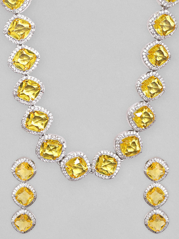 Rubans Rhodium Plated Premium White & Citrine solitaire Zircons Necklace Set Necklace Set