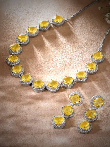 Rubans Rhodium Plated Premium White & Citrine solitaire Zircons Necklace Set Necklace Set