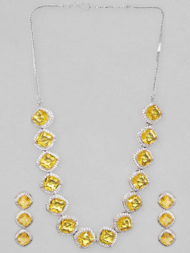 Rubans Rhodium Plated Premium White & Citrine solitaire Zircons Necklace Set Necklace Set