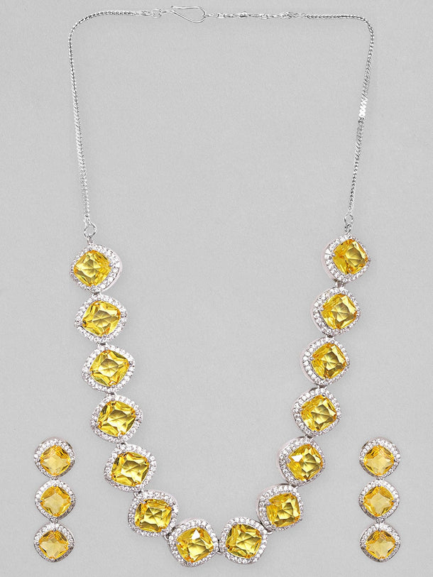 Rubans Rhodium Plated Premium White & Citrine solitaire Zircons Necklace Set Necklace Set