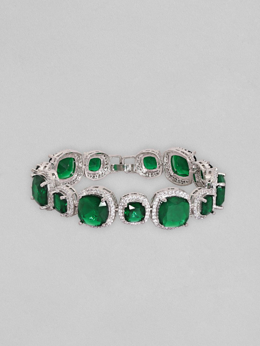 Rubans Rhodium Plated Premium White & Emerald Solitaire Zircons Bracelet Bracelets
