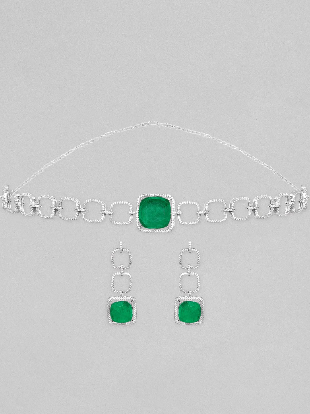 Rubans Rhodium Plated Premium White & Emerald Solitaire Zircons Jewellery Set Necklace Set