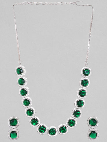 Rubans Rhodium Plated Premium White & Emerald Zircons Necklace Set. Necklace Set