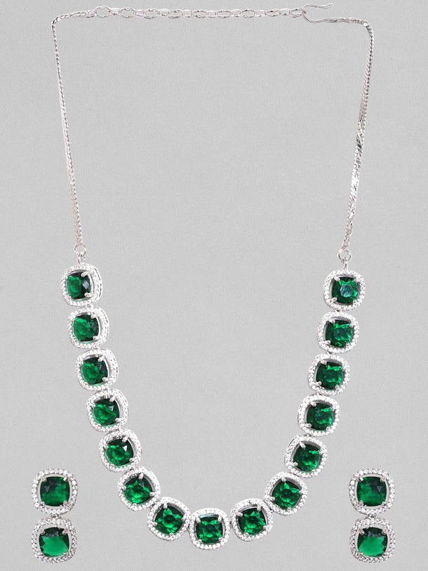 Rubans Rhodium Plated Premium White & Emerald Zircons Necklace Set. Necklace Set