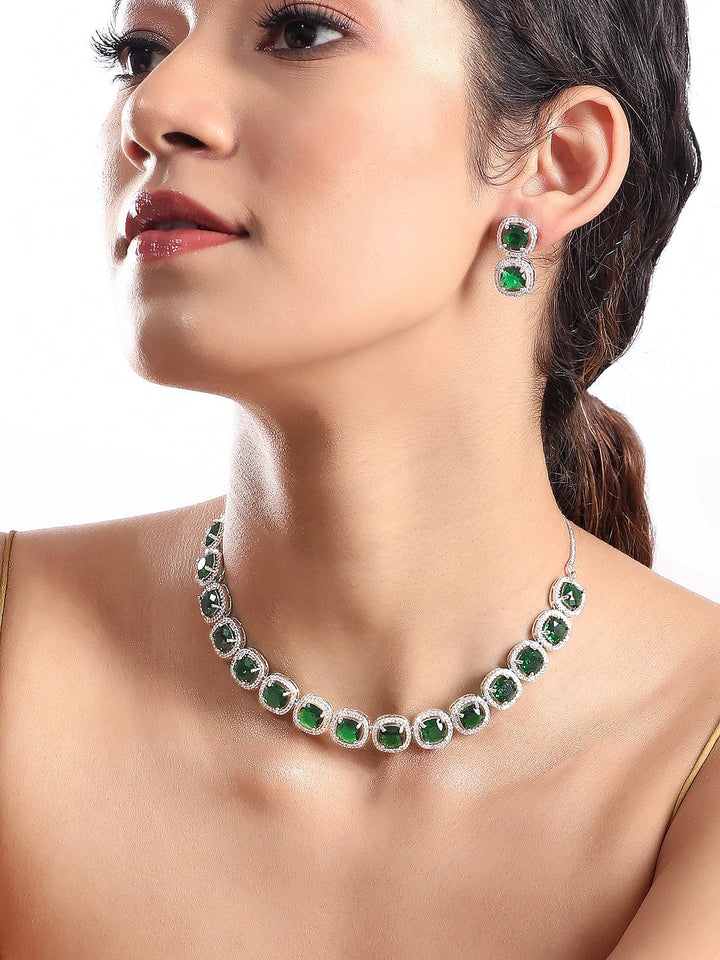 Rubans Rhodium Plated Premium White & Emerald Zircons Necklace Set. Necklace Set