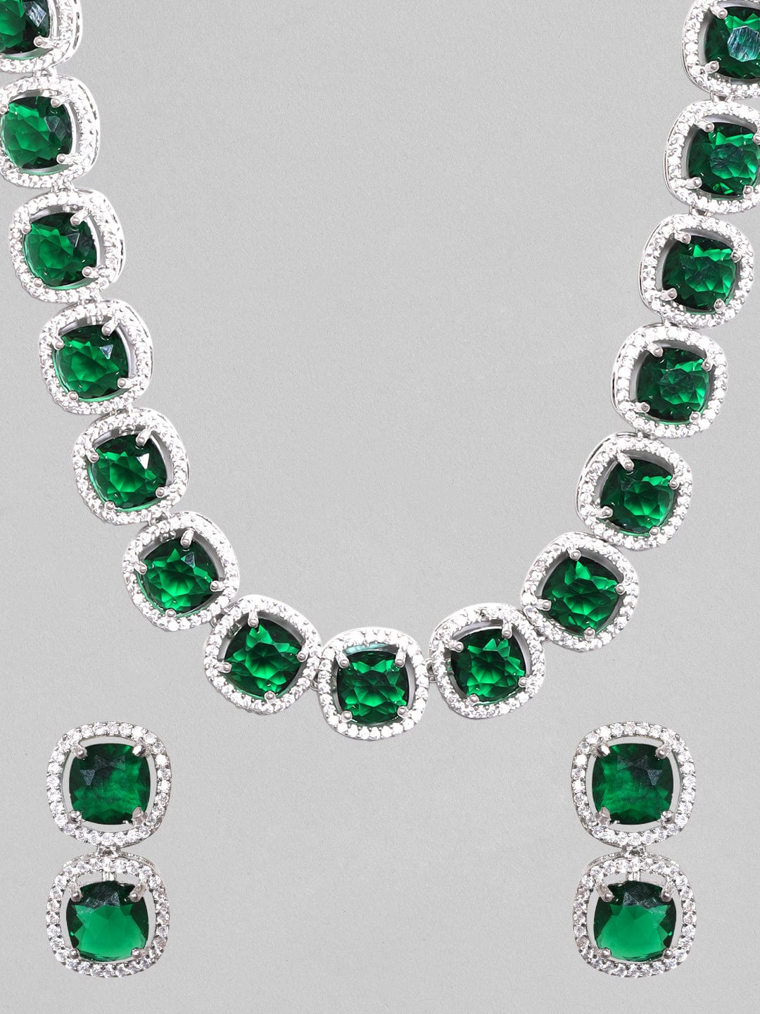 Rubans Rhodium Plated Premium White & Emerald Zircons Necklace Set. Necklace Set