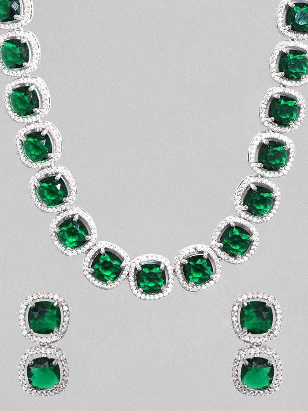 Rubans Rhodium Plated Premium White & Emerald Zircons Necklace Set. Necklace Set