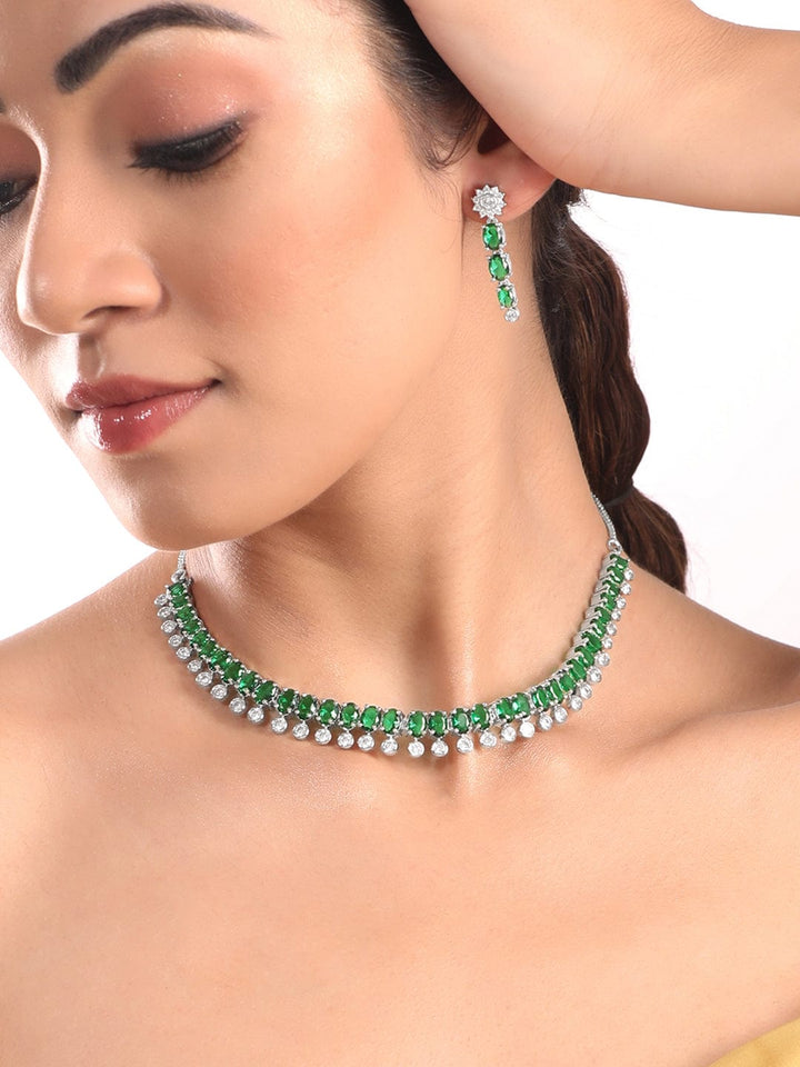 Rubans Rhodium Plated Premium White & Emerald Zircons Necklace Set Necklaces, Necklace Sets, Chains & Mangalsutra