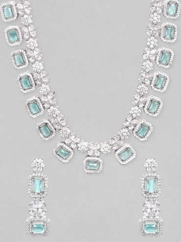 Rubans Rhodium-Plated Premium White & Mint Green Zircons Studded Patterned Statement Party Wear Jewellery Set Necklace Set