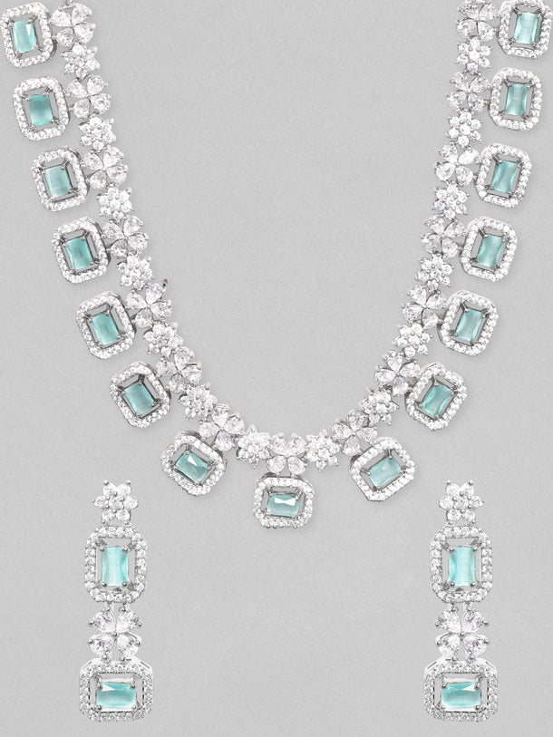 Rubans Rhodium-Plated Premium White & Mint Green Zircons Studded Patterned Statement Party Wear Jewellery Set Necklace Set