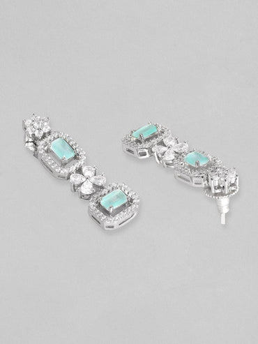 Rubans Rhodium-Plated Premium White & Mint Green Zircons Studded Patterned Statement Party Wear Jewellery Set Necklace Set