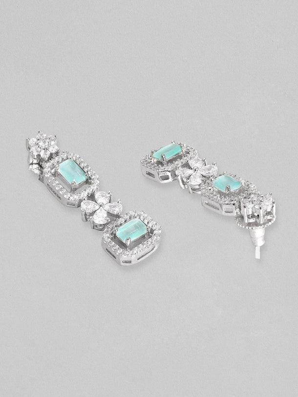 Rubans Rhodium-Plated Premium White & Mint Green Zircons Studded Patterned Statement Party Wear Jewellery Set Necklace Set