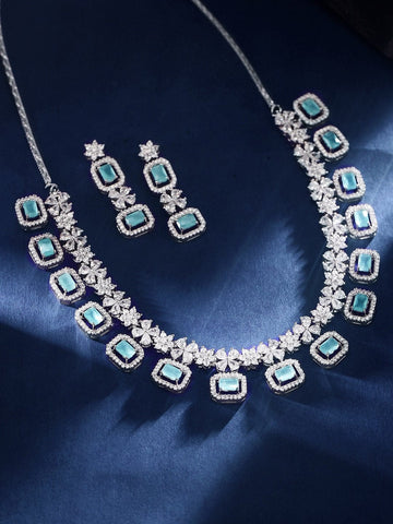 Rubans Rhodium-Plated Premium White & Mint Green Zircons Studded Patterned Statement Party Wear Jewellery Set Necklaces, Necklace Sets, Chains & Mangalsutra