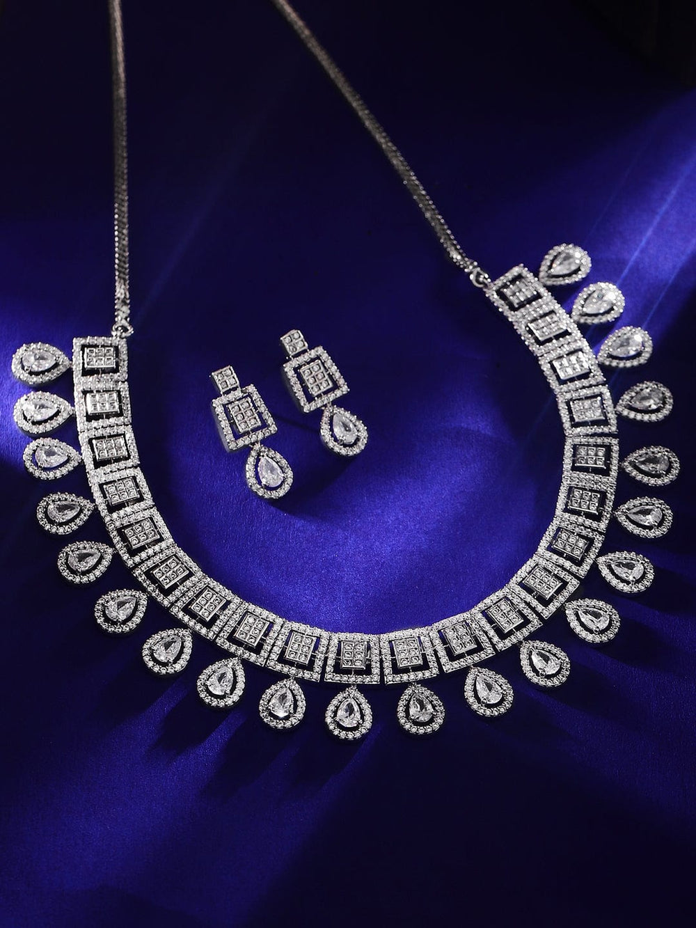 Rubans Rhodium-Plated Premium White Pear & Round Zircons Studded Patterned Statement Jewellery Set Necklace Set