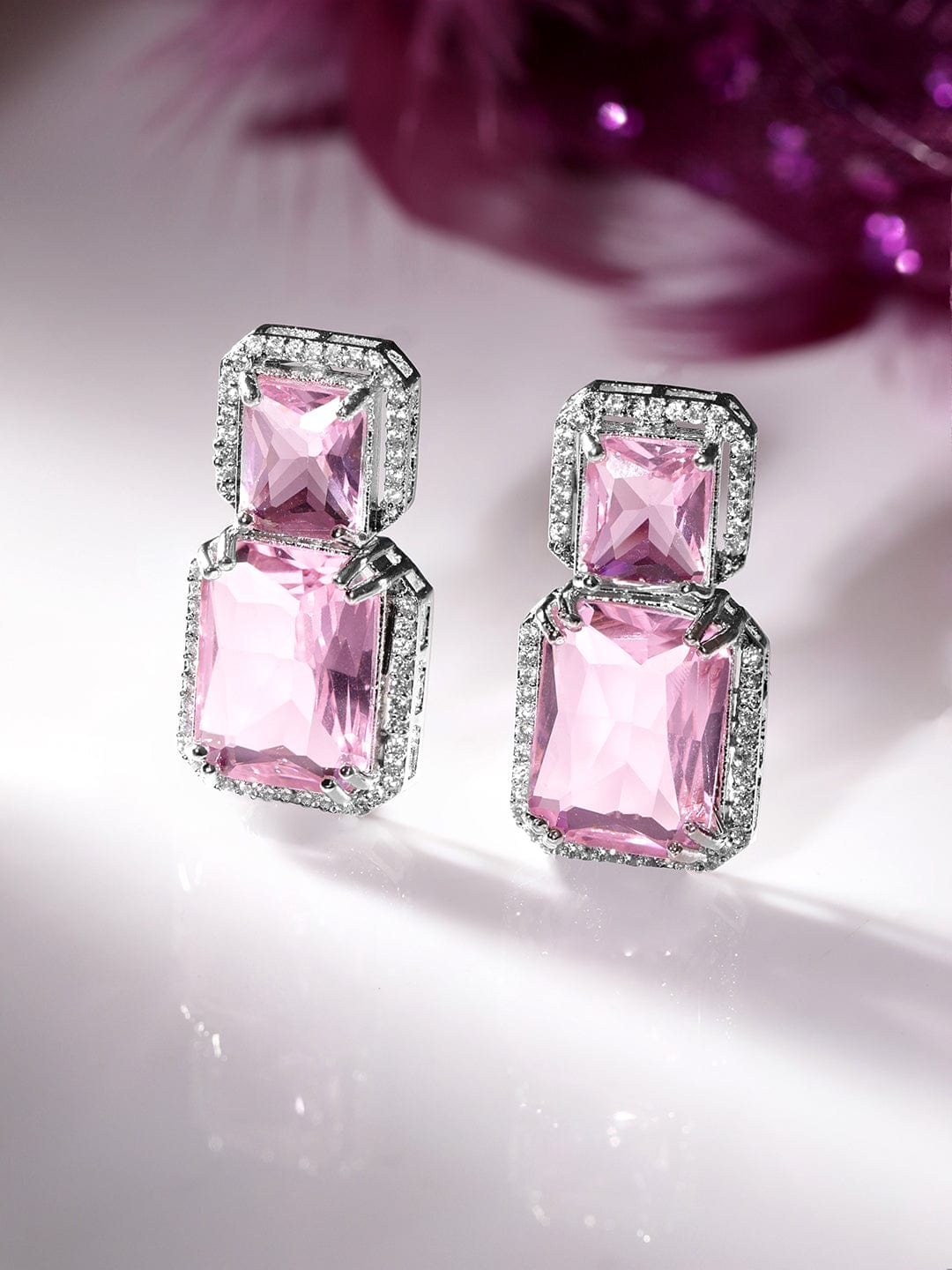 Rubans Rhodium Plated Premium white & Pink Saphire solitaire Zircons Dangle Earring. Earrings