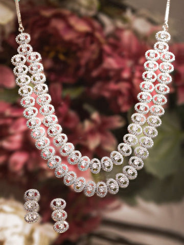 Rubans Rhodium Plated Premium White Round Zircons Studded Classy Double Layer Statement Jewellery Set. Necklaces, Necklace Sets, Chains & Mangalsutra