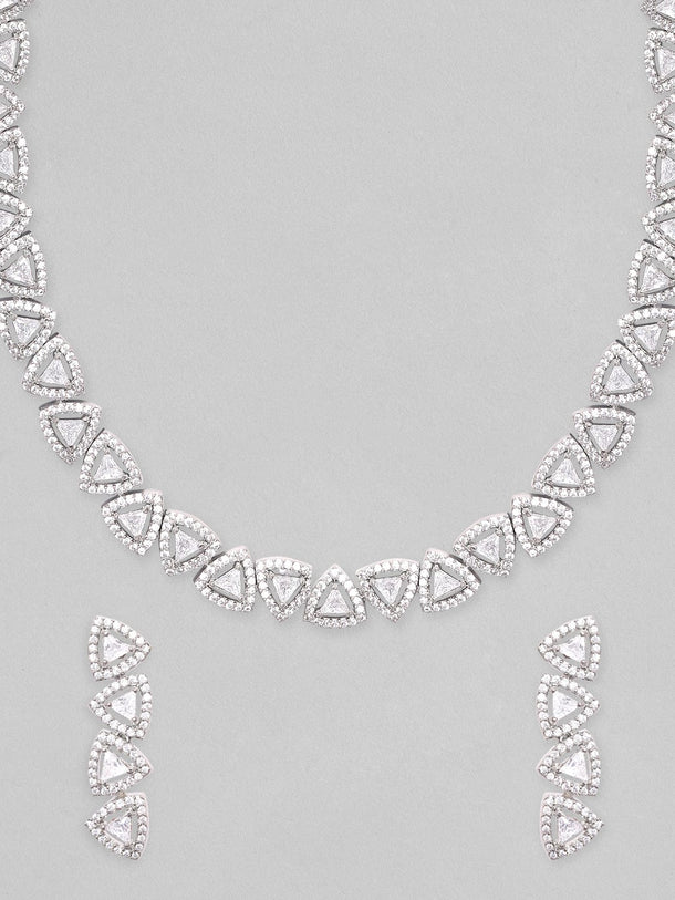 Rubans Rhodium-Plated Premium Zircons Studded Patterned Party Wear Jewellery Set Necklace Set