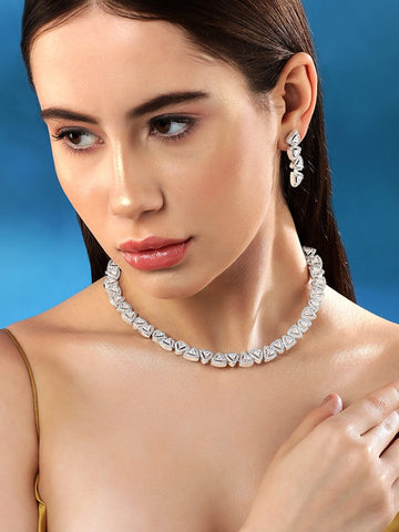 Rubans Rhodium-Plated Premium Zircons Studded Patterned Party Wear Jewellery Set Necklaces, Necklace Sets, Chains & Mangalsutra