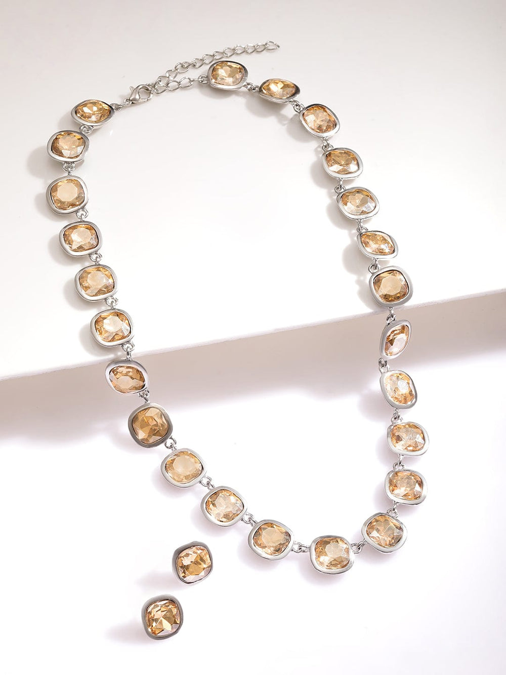 Rubans Rhodium Plated Princess Cut Yellow Sapphire Studded Necklace Set Jewellery Set