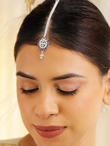 Rubans Rhodium-Plated Purple and White Cubic Zirconia Maang Tikka Head Jewellery