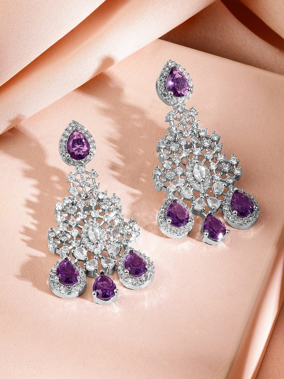 Rubans Rhodium-Plated Purple Sapphire & Cubic Zirconia Studded Premium Necklace Set Jewellery Set