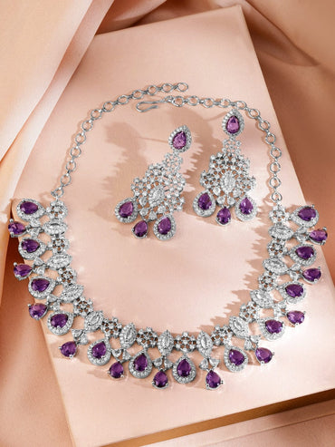 Rubans Rhodium-Plated Purple Sapphire & Cubic Zirconia Studded Premium Necklace Set Jewellery Set