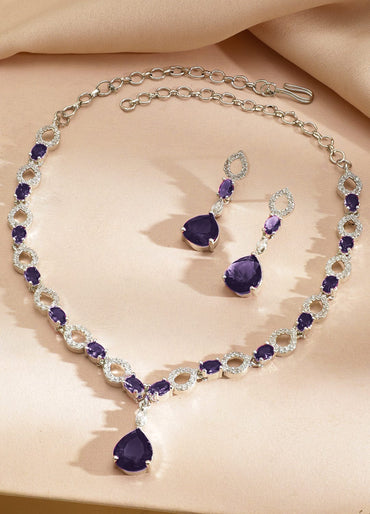 Rubans Rhodium-Plated Purple Stone & Cubic Zirconia Classic Necklace Set Jewellery Set