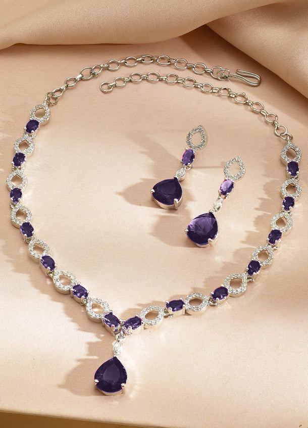 Rubans Rhodium-Plated Purple Stone & Cubic Zirconia Classic Necklace Set Jewellery Set