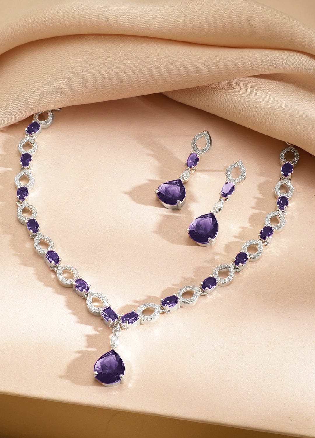 Rubans Rhodium-Plated Purple Stone & Cubic Zirconia Classic Necklace Set Jewellery Set