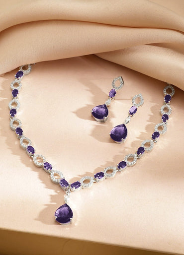 Rubans Rhodium-Plated Purple Stone & Cubic Zirconia Classic Necklace Set Jewellery Set