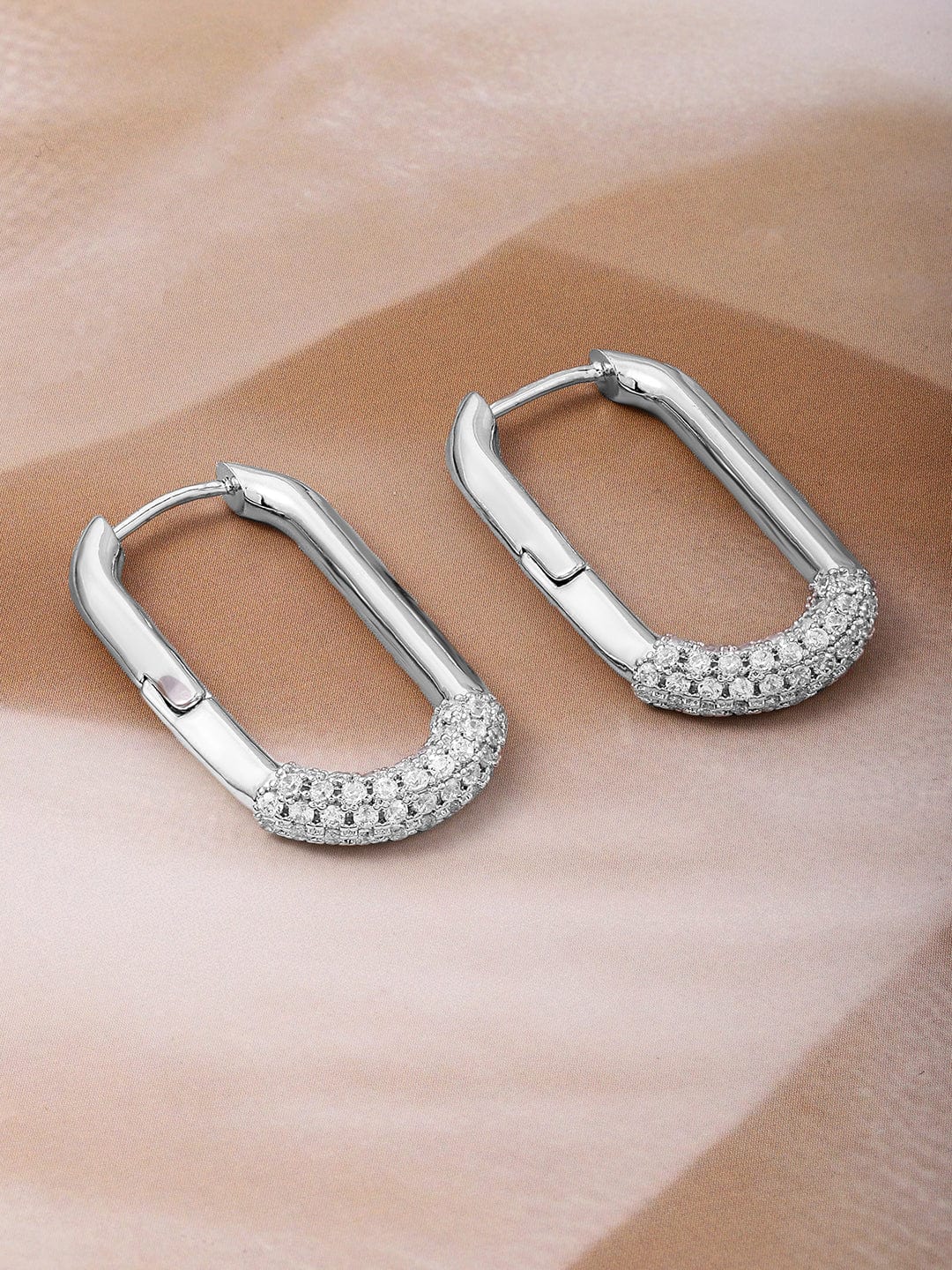 Rubans Rhodium Plated Rectangular Hoop Earrings with Cubic Zirconia Accents Earrings