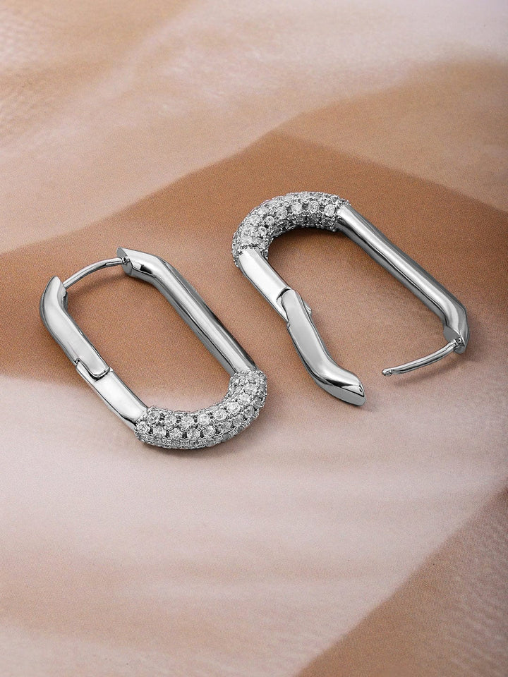 Rubans Rhodium Plated Rectangular Hoop Earrings with Cubic Zirconia Accents Earrings