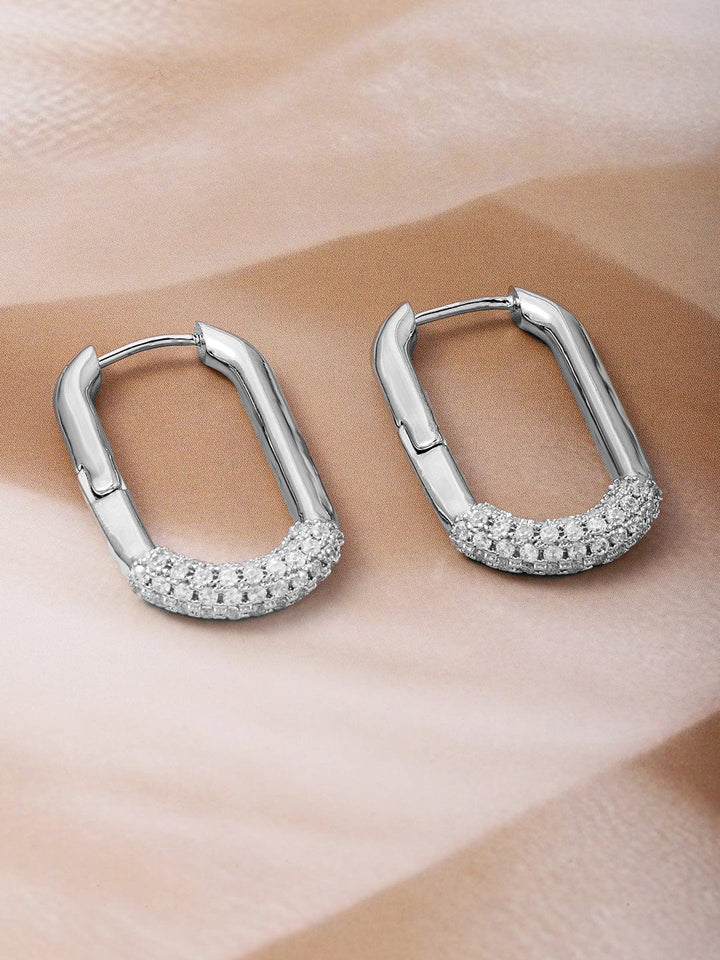 Rubans Rhodium Plated Rectangular Hoop Earrings with Cubic Zirconia Accents Earrings