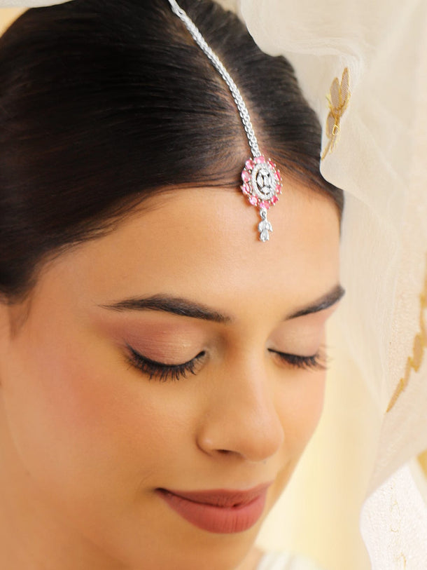 Rubans Rhodium-Plated Red and White Cubic Zirconia Maang Tikka Head Jewellery