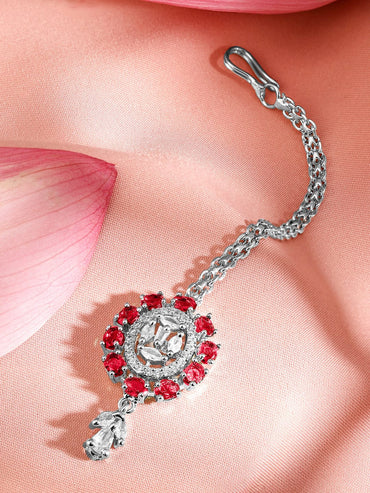 Rubans Rhodium-Plated Red and White Cubic Zirconia Maang Tikka Head Jewellery