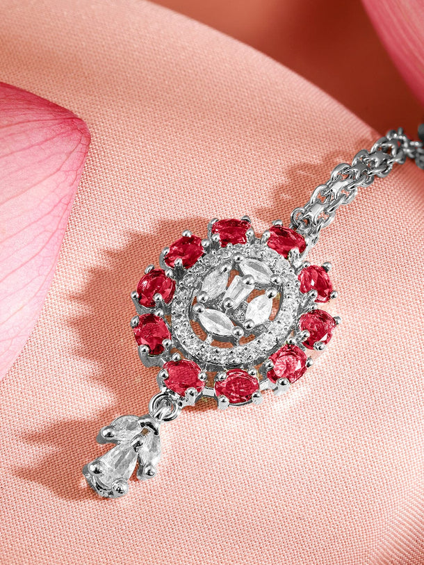 Rubans Rhodium-Plated Red and White Cubic Zirconia Maang Tikka Head Jewellery