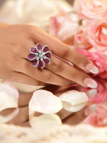 Rubans Rhodium Plated Red & Cubic Zirconia Studded Floral Adjustable Finger Ring Finger Rings