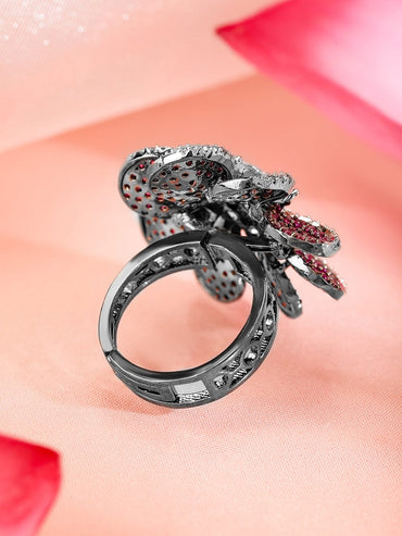 Rubans Rhodium Plated Red & Cubic Zirconia Studded Floral Adjustable Finger Ring Rings