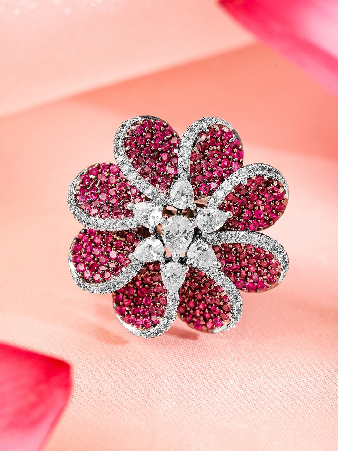 Rubans Rhodium Plated Red & Cubic Zirconia Studded Floral Adjustable Finger Ring Rings