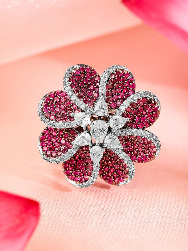 Rubans Rhodium Plated Red & Cubic Zirconia Studded Floral Adjustable Finger Ring Rings