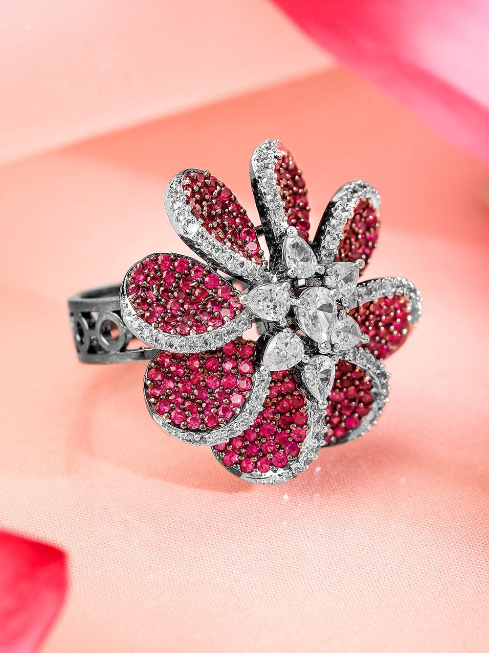 Rubans Rhodium Plated Red & Cubic Zirconia Studded Floral Adjustable Finger Ring Rings
