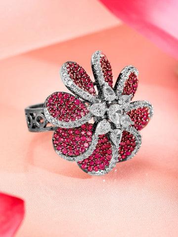 Rubans Rhodium Plated Red & Cubic Zirconia Studded Floral Adjustable Finger Ring Rings