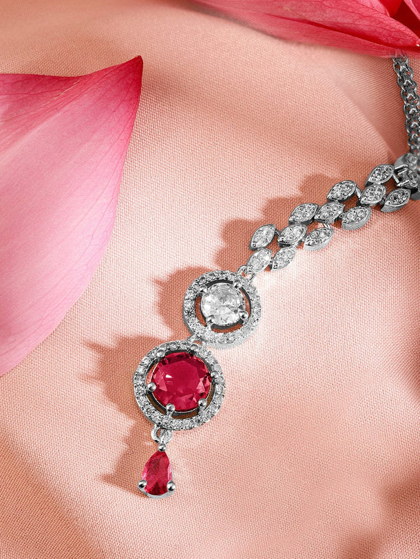 Rubans Rhodium Plated Red & White Cubic Zirconia Maang Tikka Head Jewellery