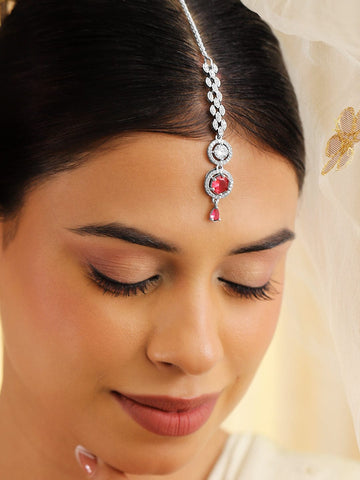 Rubans Rhodium Plated Red & White Cubic Zirconia Maang Tikka Maang Tikka