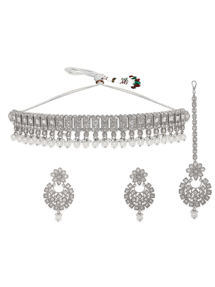 Rubans Rhodium Plated Reverse AD & Pearl beaded Choker Set Jewellery Sets