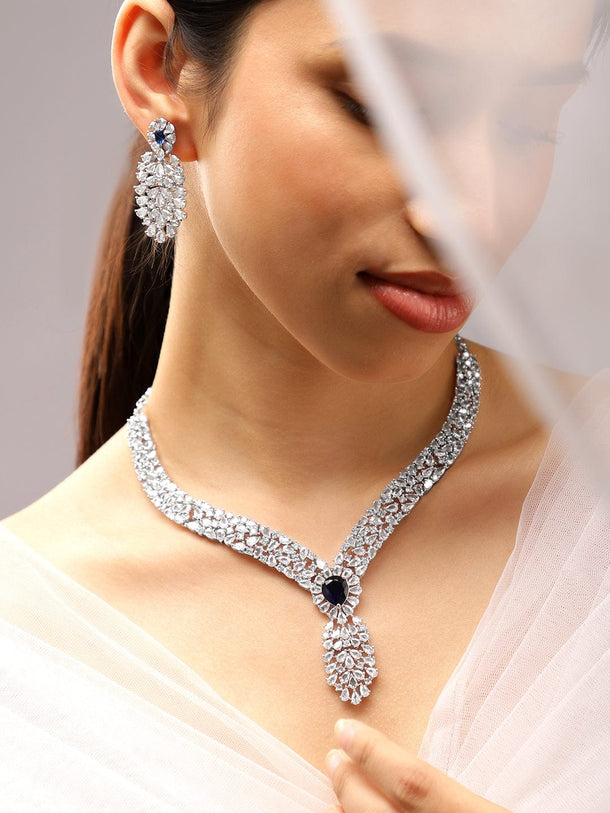 Rubans Rhodium-Plated Rich Purple Cubic Zirconia Floral & Leaf-Inspired Luxe Jewellery Set Jewellery Set