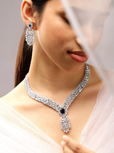 Rubans Rhodium-Plated Rich Purple Cubic Zirconia Floral & Leaf-Inspired Luxe Jewellery Set Necklace Set